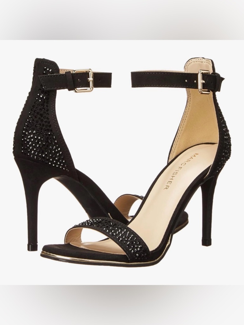 Marc Fisher Black Suede Ankle-Strap Sandals with Crystal Accent